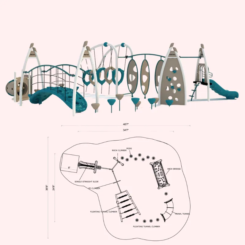 Illustrated preschool obstacle course featuring monkey bars, climbing walls, tunnels, and stepping platforms for outdoor gross motor play