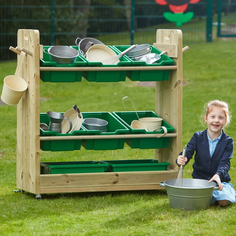 Mobile outdoor storage trolley for loose parts and construction play with wheels and shelves, ideal for preschool creativity