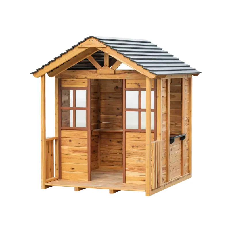 Wooden mini outdoor playhouse with open front for preschool dramatic role play and imaginative outdoor learning