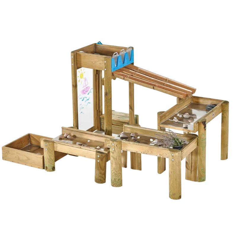 Modular wooden water play table for preschool outdoor sensory exploration with channels and pouring tools
