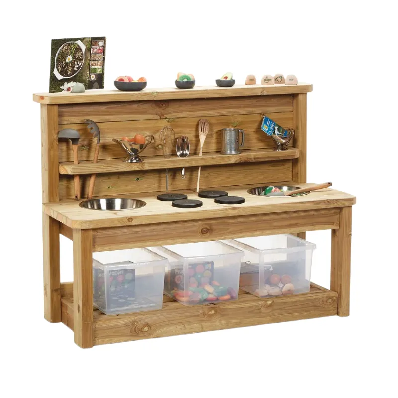 Outdoor mud kitchen with sink and storage shelf for preschool pretend play and sensory exploration