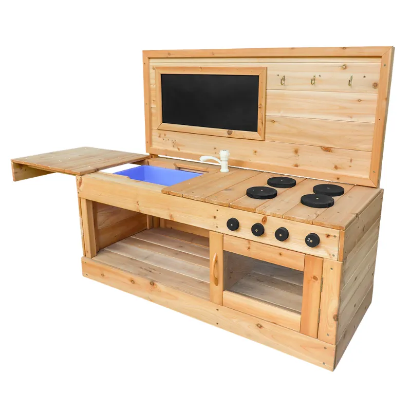Wooden outdoor mud kitchen with working sink and storage shelf for preschool pretend play and sensory learning