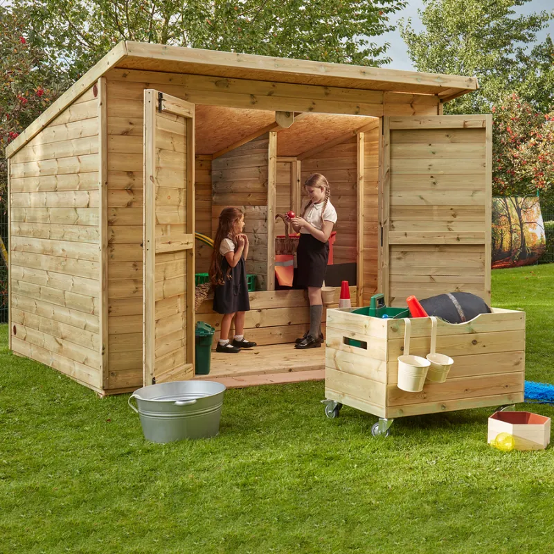 Outdoor preschool storage shed with lockable doors for toys and equipment