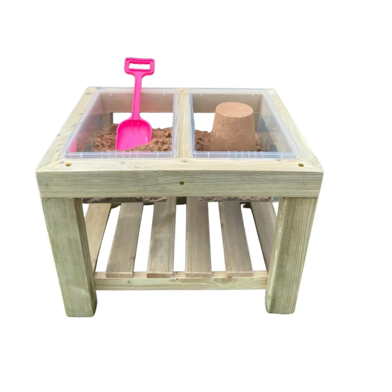 Preschool sensory channel table for outdoor water and sand play with scooping and pouring tools