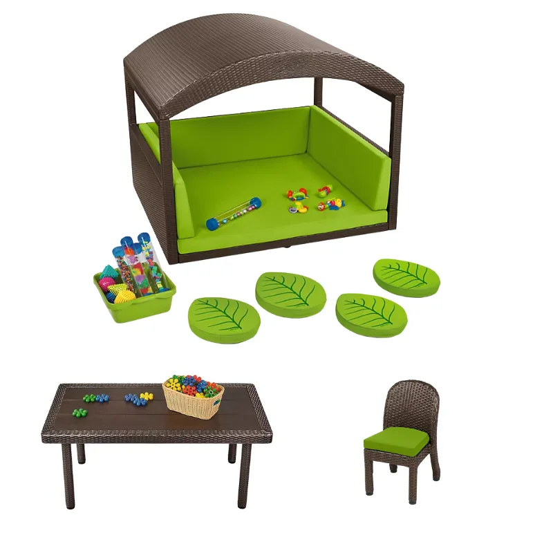Soft modular poufs and round meditation mats arranged in preschool outdoor calm zone with canopy shelter and low seating