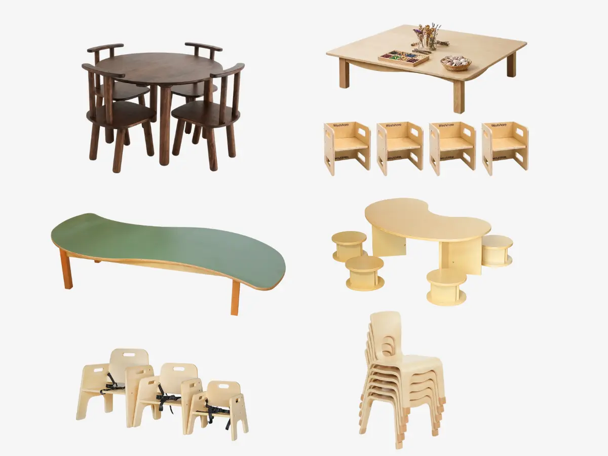 Height adjustable childcare tables and stackable chairs