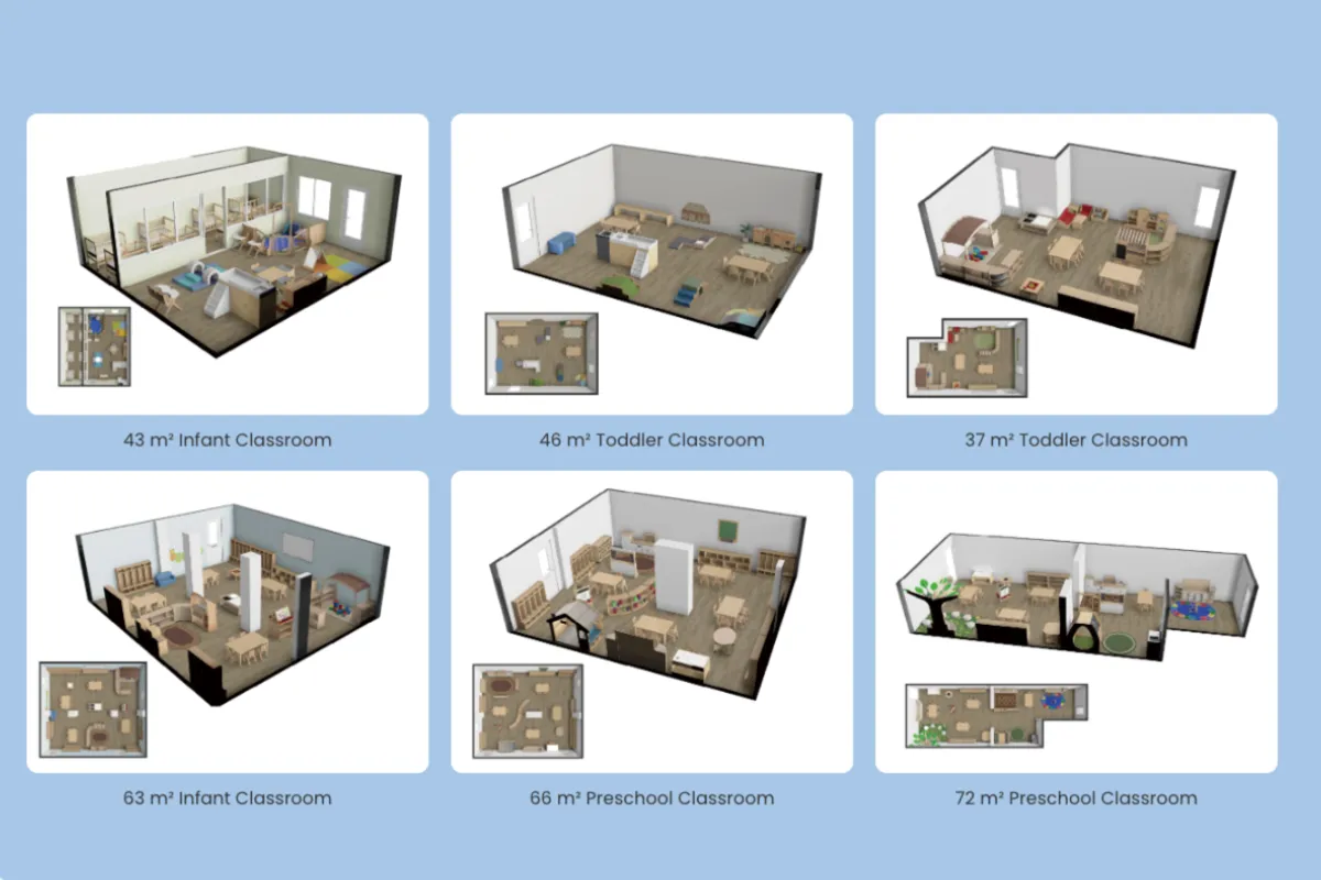 3D architectural render of childcare classroom layout with furniture placement