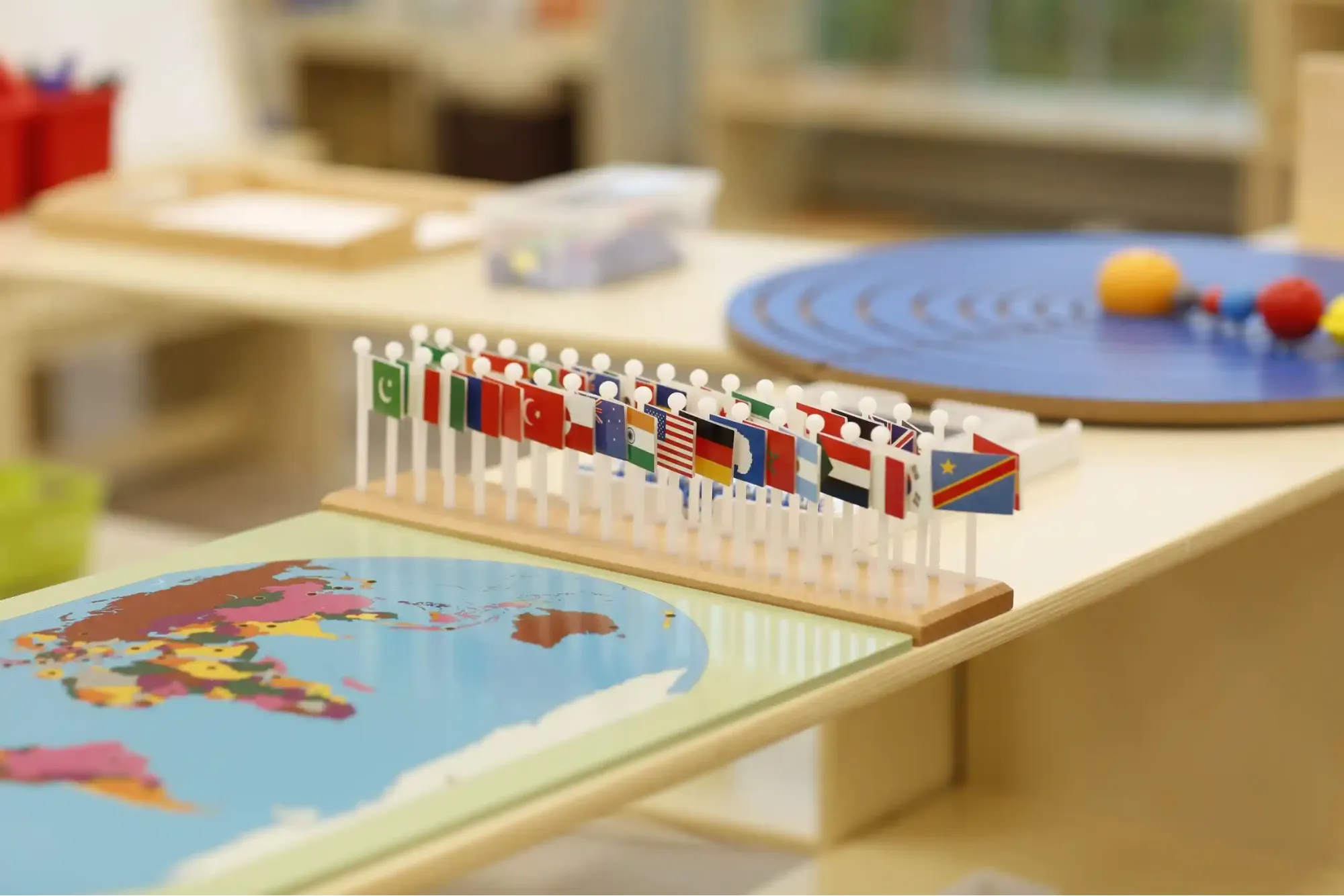 Modern Montessori classroom with natural wood furniture at an Irish childcare centre