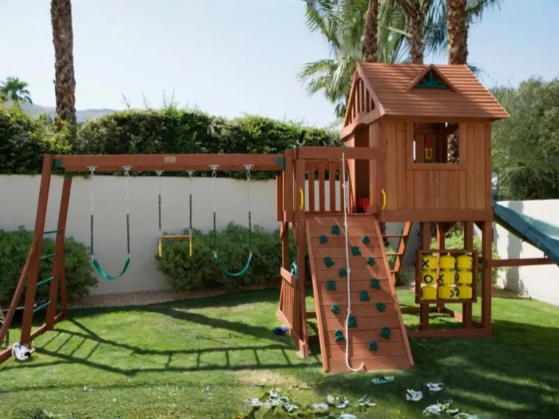 Outdoor play equipment with climbing frames for young children