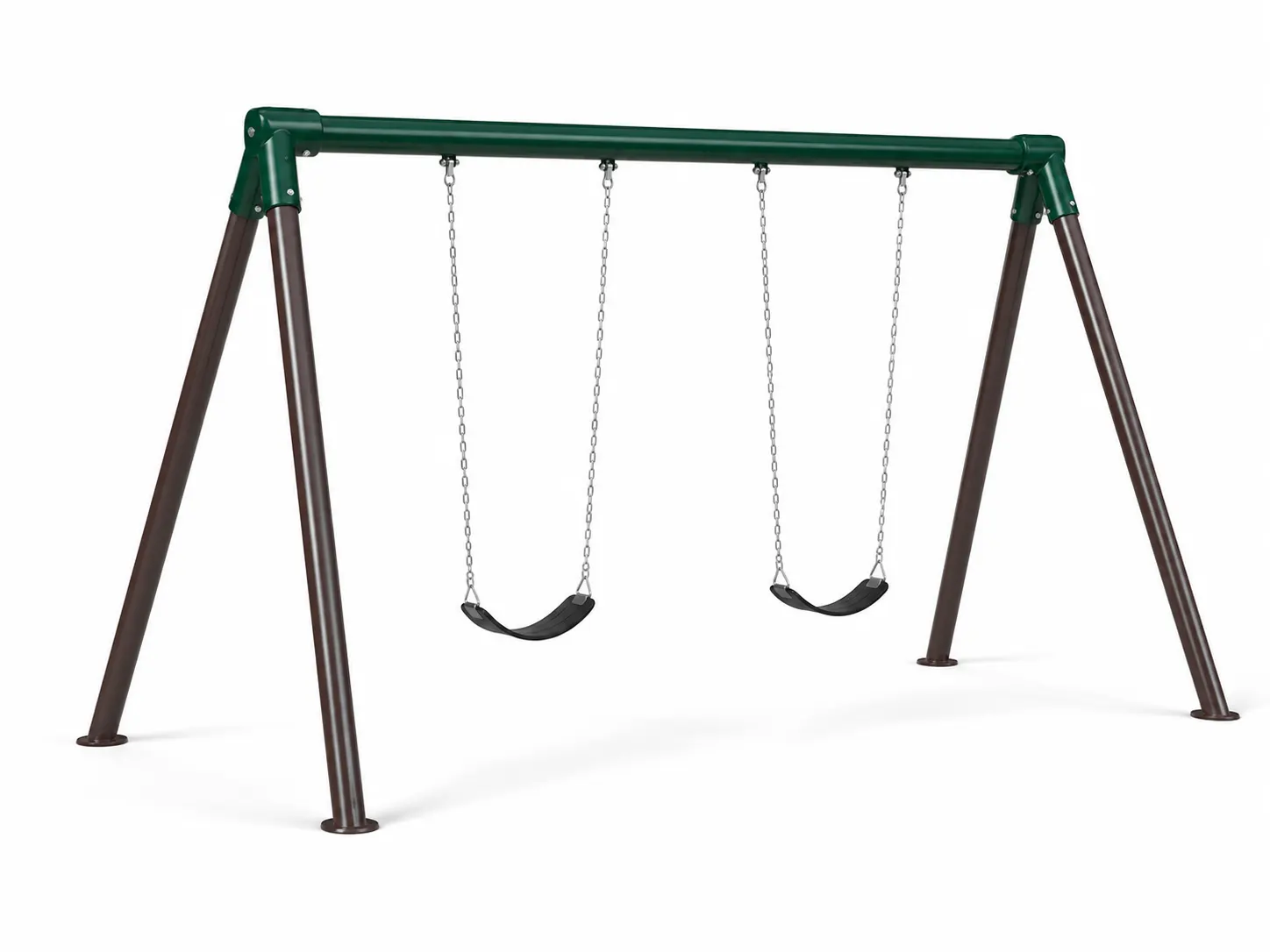 Bipod post swing with angled support legs for commercial playground use