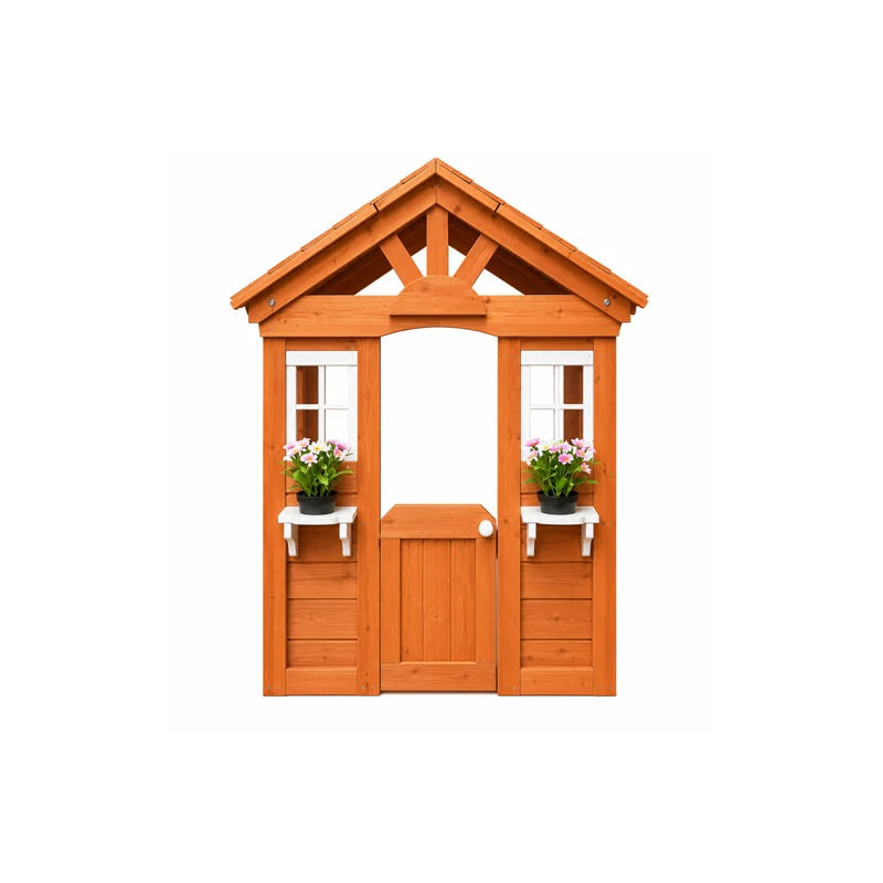 Wooden playhouse with pink flowers