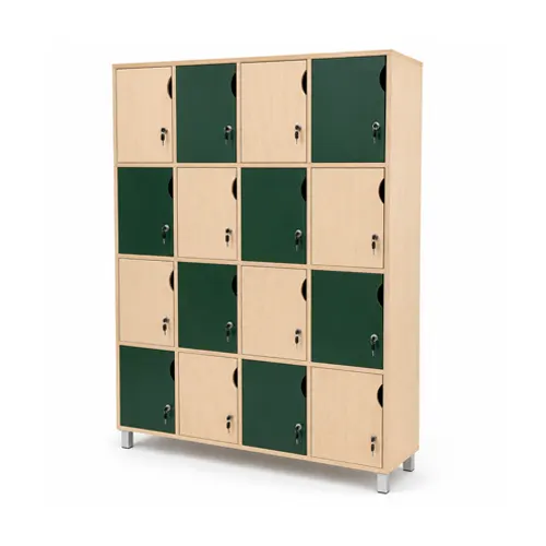 Modern wooden locker unit on white