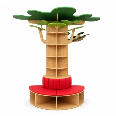 tree bookshelf red base round storage preschool