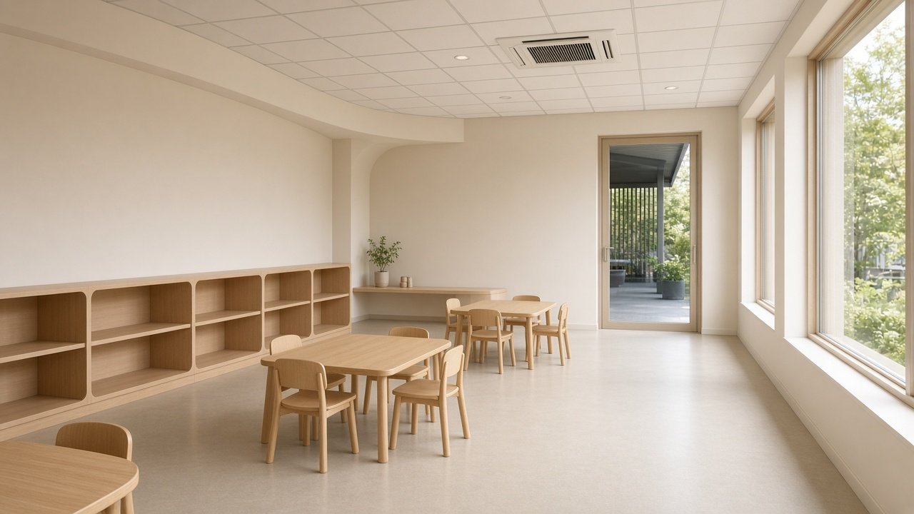 Completed Sydney childcare classroom after fit-out, with child-height timber tables and open storage