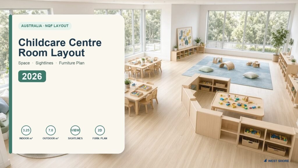Childcare centre room layout Australia 2026 cover: NQF space, sightlines and furniture plan
