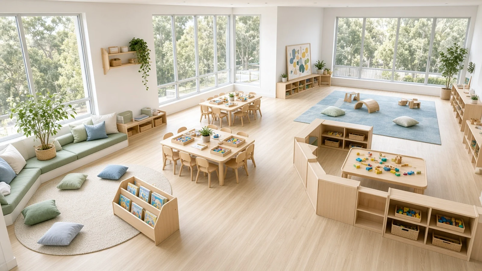 Childcare centre room layout Australia with low furniture, open learning zones and clear supervision sightlines