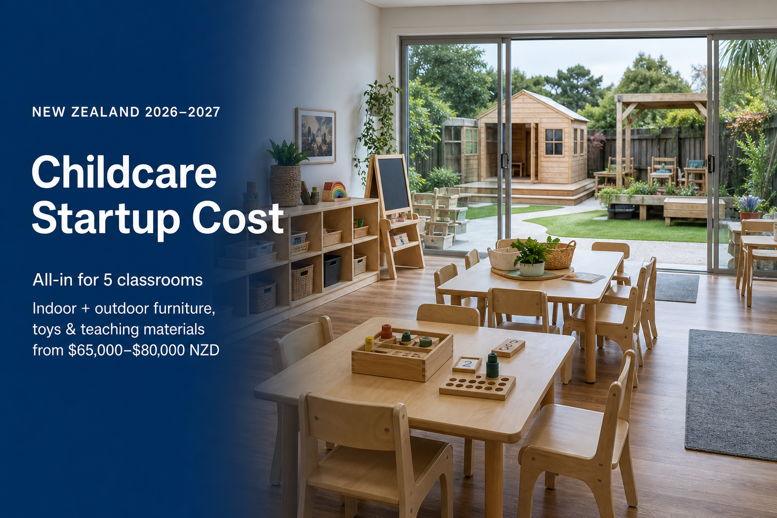 New Zealand childcare startup cost 2026: all-in 5-classroom package including indoor and outdoor furniture, toys and teaching materials from $65,000–$80,000 NZD