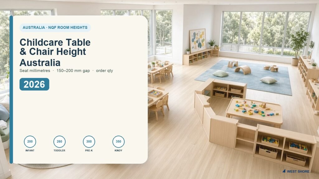 Childcare table and chair height Australia 2026: infant 200 mm, toddler 260 mm, preschool 300 mm and kindy 350 mm