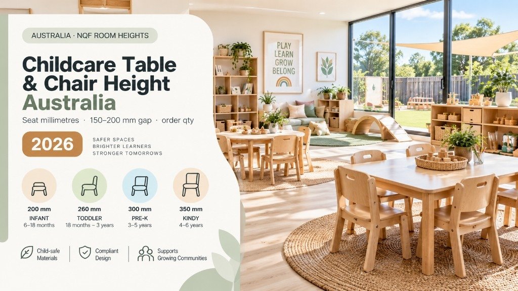 Childcare table and chair height Australia 2026: infant 200mm, toddler 260mm, pre-k 300mm, kindy 350mm