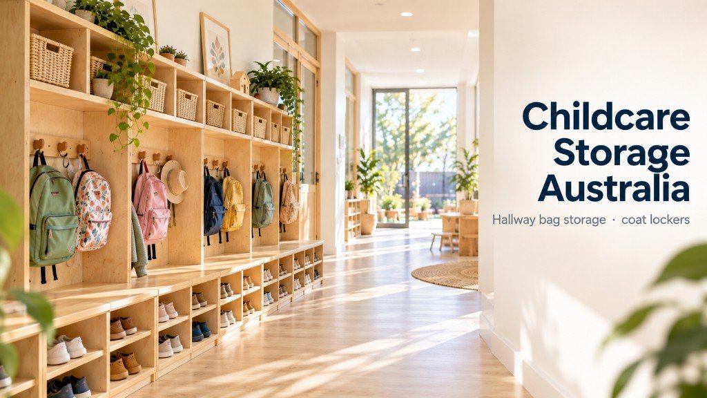 Childcare storage Australia: hallway bag storage and coat lockers, one section per licensed place