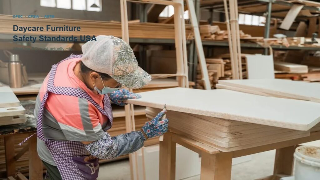 Worker inspecting a preschool table edge; title: Daycare Furniture Safety Standards USA