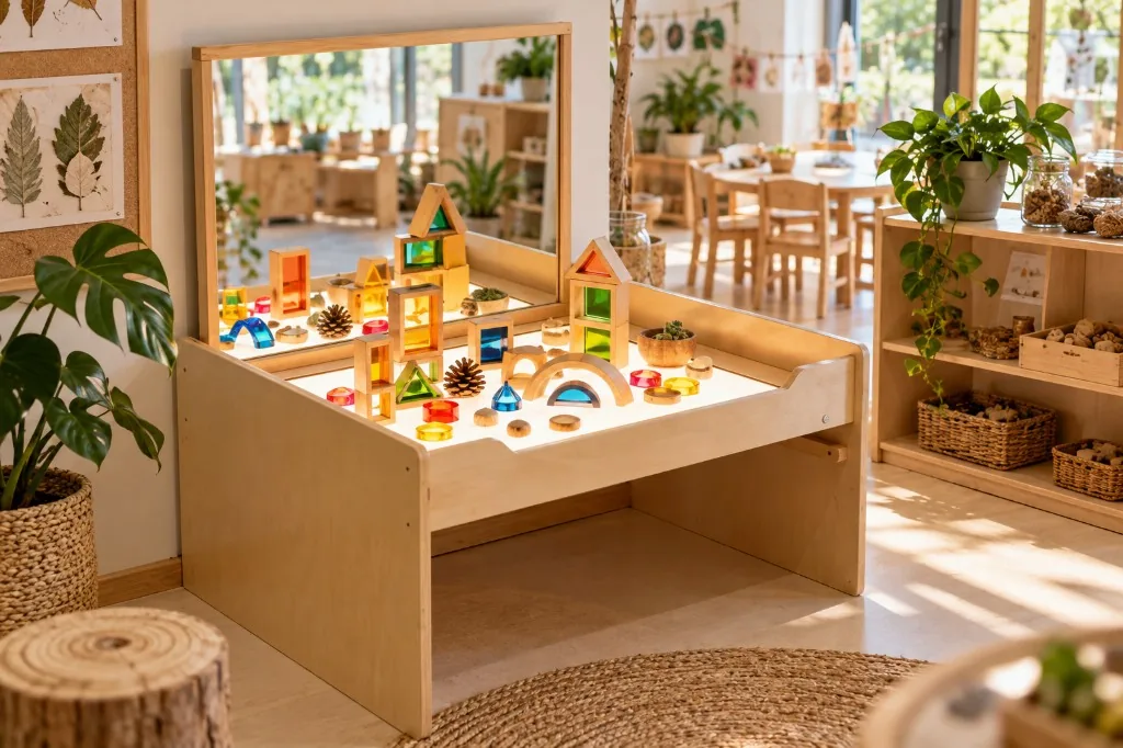 Birch light and mirror table switched on in a preschool classroom