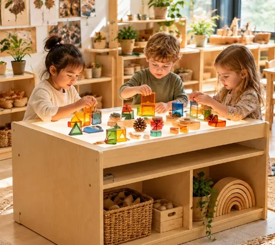 Light table in a furnished preschool classroom with shelves and chairs