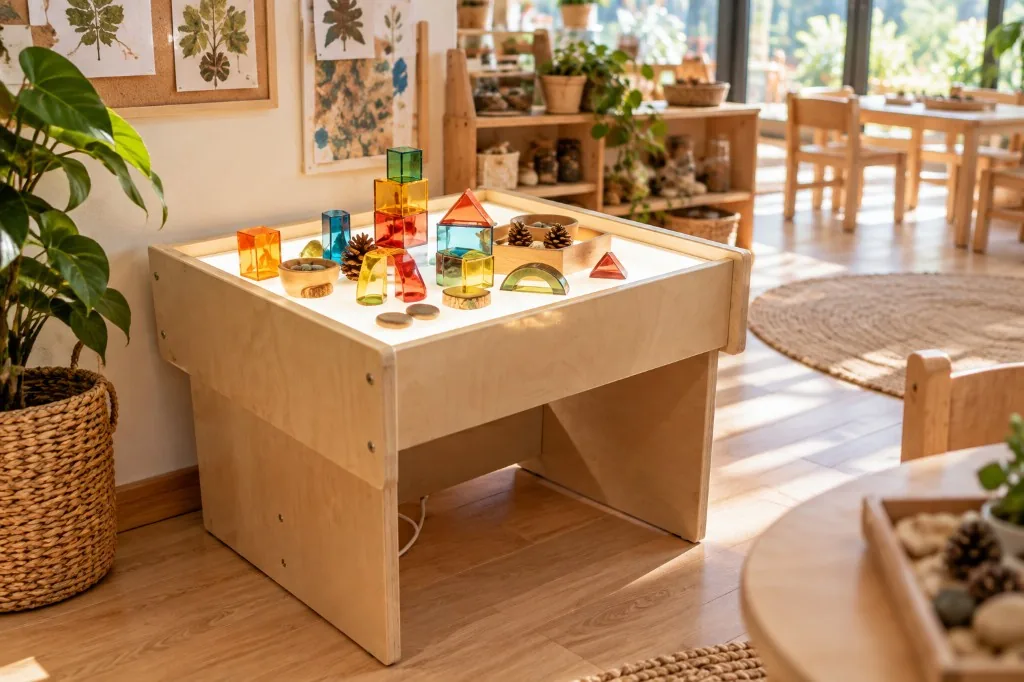 Full-height LED light table for a preschool, panel lit