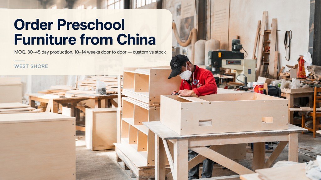Factory worker assembling a birch plywood preschool cubby, with title Order Preschool Furniture from China