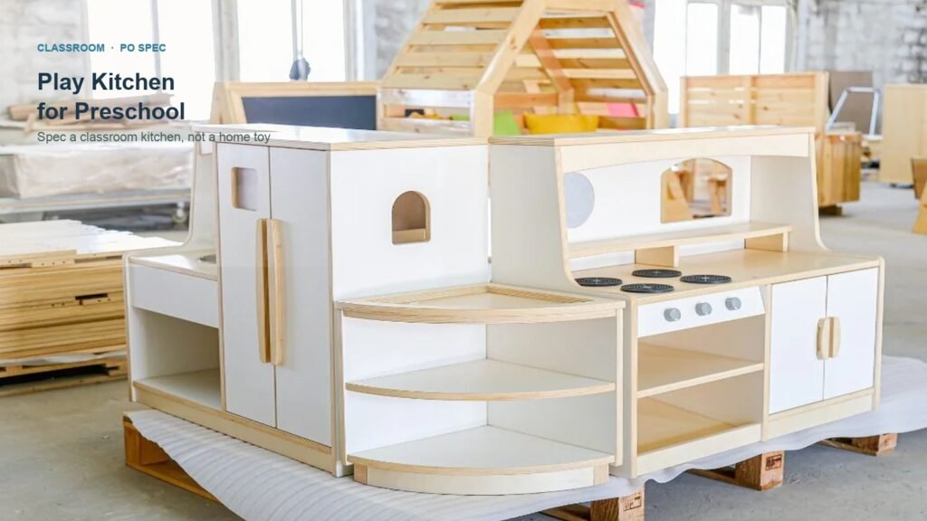 Modular white preschool play kitchen with fridge, corner shelf and stove; title: Play Kitchen for Preschool