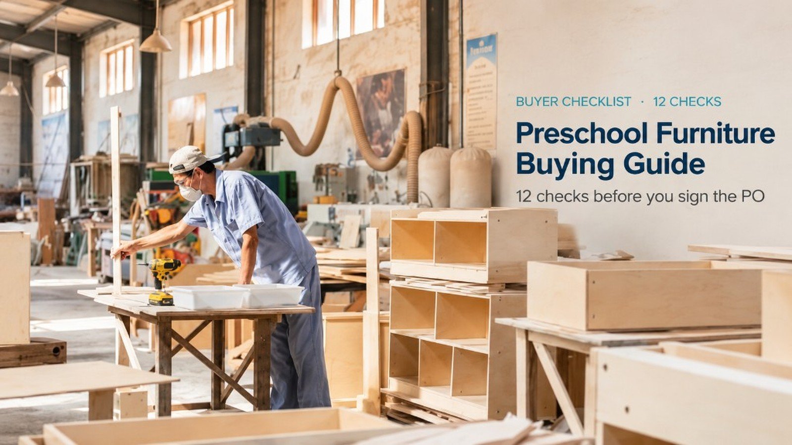 Factory worker assembling birch preschool cubbies; title on the right: Preschool Furniture Buying Guide — 12 checks before you sign the PO
