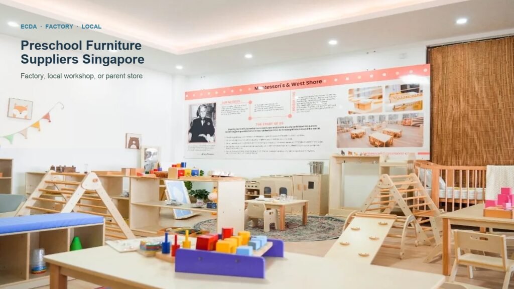 Montessori preschool classroom with child-height tables and open shelves; title: Preschool Furniture Suppliers Singapore