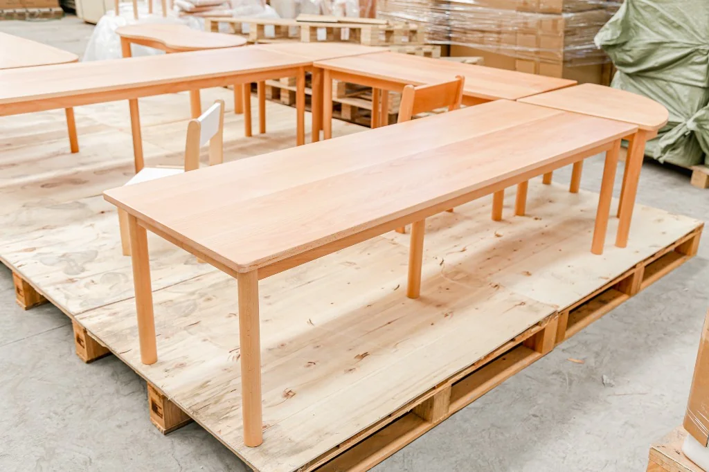 Solid beech rectangular preschool table on a factory pallet