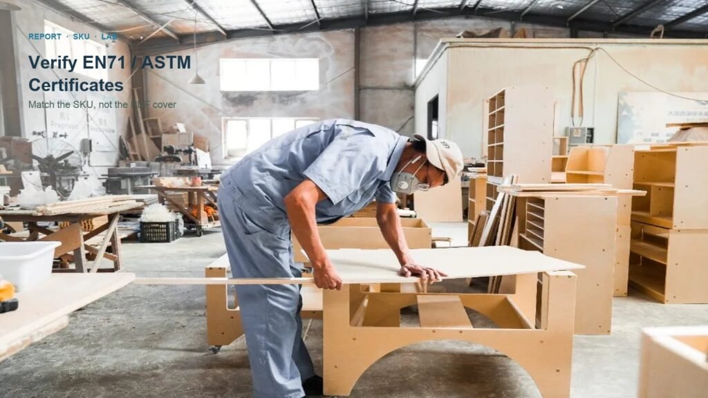 Factory worker checking a birch preschool table; title: Verify EN71 / ASTM Certificates