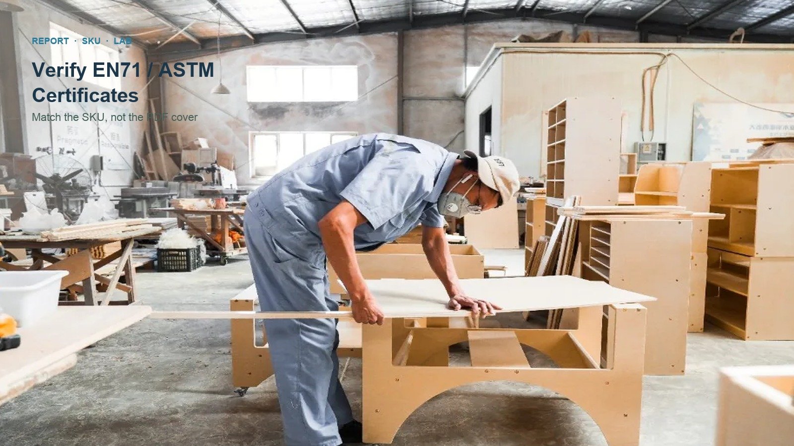 Factory worker checking a birch preschool table; title: Verify EN71 / ASTM Certificates