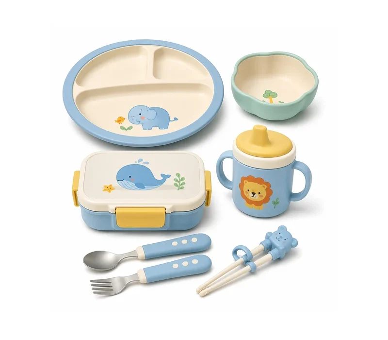 Pastel kids dining set flat-lay