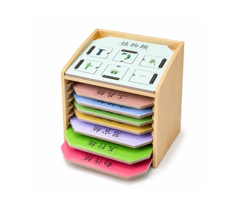 Wooden display box with colorful trays